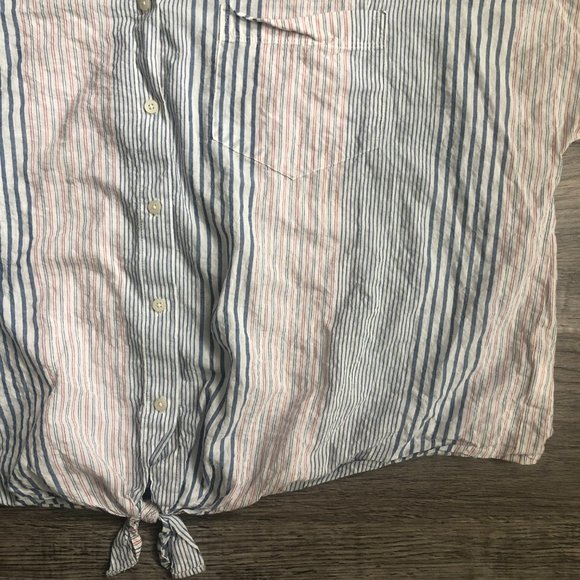 VGUC Madewell Short-Sleeve Tie-Front Collared Casual Shirt in Rawley Stripe Sz L - Picture 2 of 4